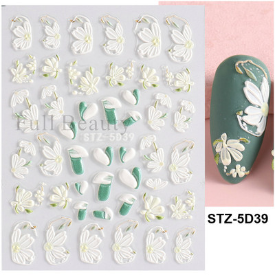 5D reljefi ziedi uzlīmes nagiem Eleganta balta akrila ziedu mežģīņu lapu koka nagu slīdnis Pavasara vasara manikīra dekora folija