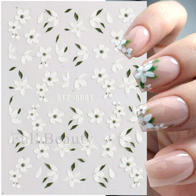 5D reljefi ziedi uzlīmes nagiem Eleganta balta akrila ziedu mežģīņu lapu koka nagu slīdnis Pavasara vasara manikīra dekora folija
