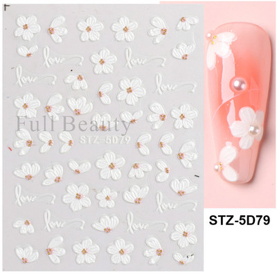 5D reljefi ziedi uzlīmes nagiem Eleganta balta akrila ziedu mežģīņu lapu koka nagu slīdnis Pavasara vasara manikīra dekora folija