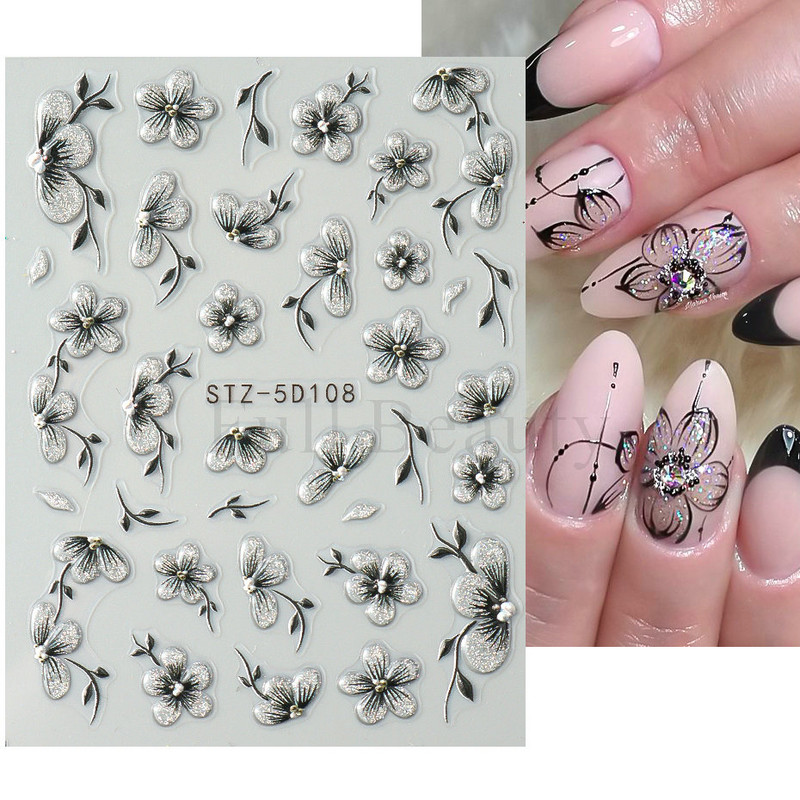 5D reljefi ziedi uzlīmes nagiem Eleganta balta akrila ziedu mežģīņu lapu koka nagu slīdnis Pavasara vasara manikīra dekora folija