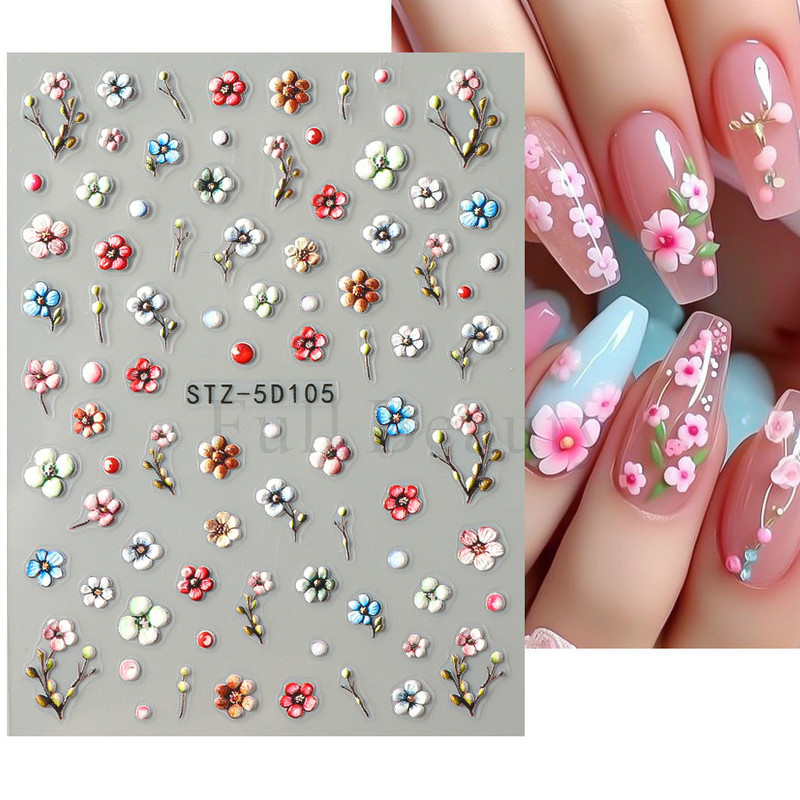 5D reljefi ziedi uzlīmes nagiem Eleganta balta akrila ziedu mežģīņu lapu koka nagu slīdnis Pavasara vasara manikīra dekora folija