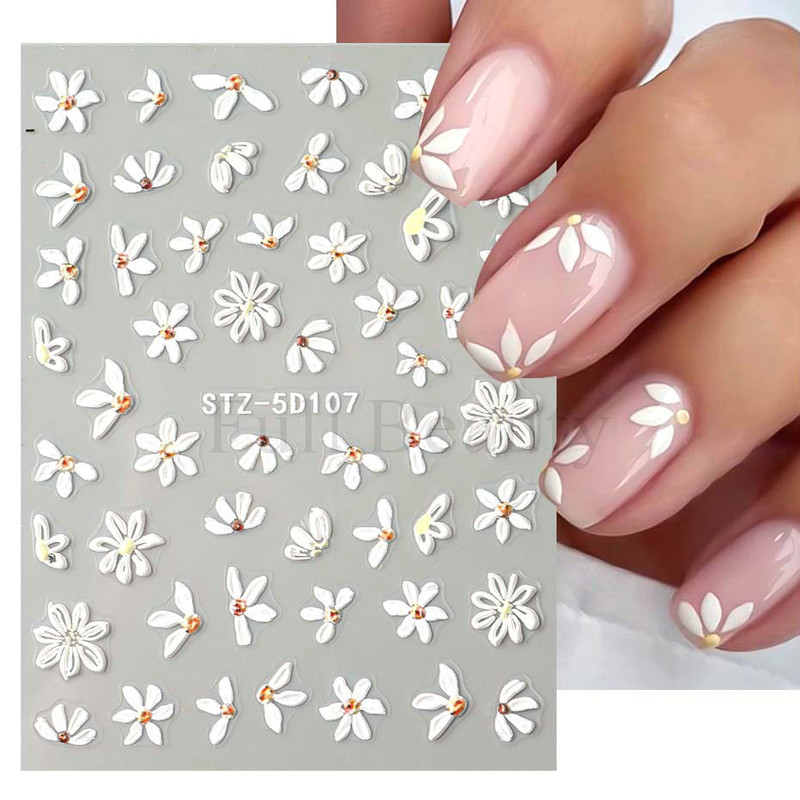 5D reljefi ziedi uzlīmes nagiem Eleganta balta akrila ziedu mežģīņu lapu koka nagu slīdnis Pavasara vasara manikīra dekora folija