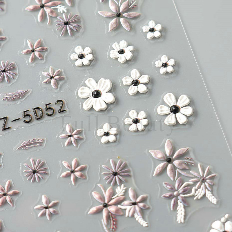 5D reljefi ziedi uzlīmes nagiem Eleganta balta akrila ziedu mežģīņu lapu koka nagu slīdnis Pavasara vasara manikīra dekora folija
