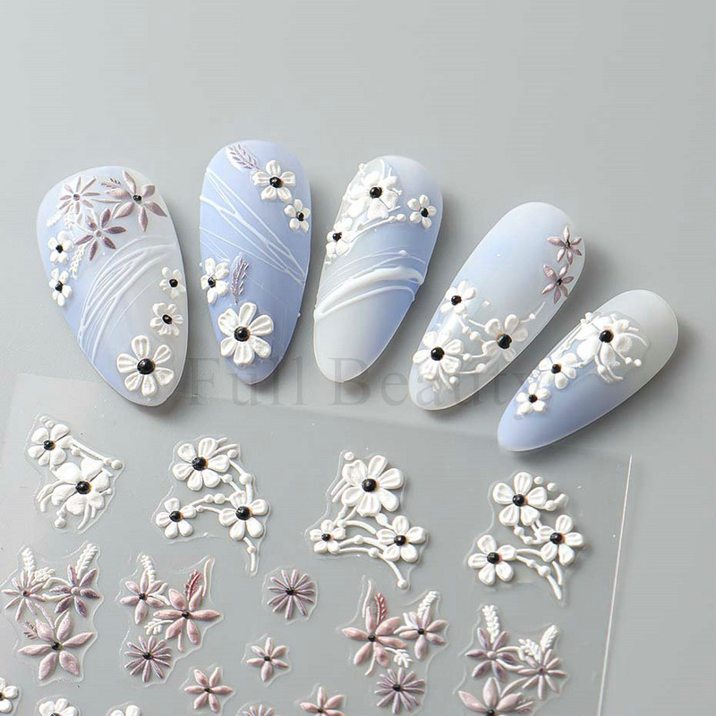 5D reljefi ziedi uzlīmes nagiem Eleganta balta akrila ziedu mežģīņu lapu koka nagu slīdnis Pavasara vasara manikīra dekora folija