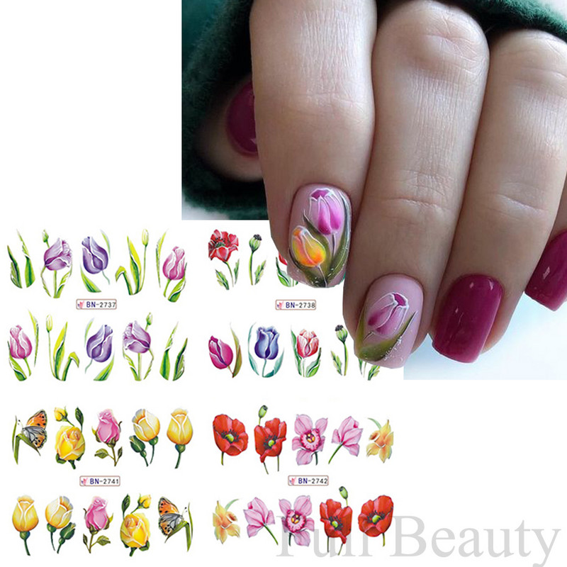 12 modele Autocolante pentru unghii cu flori roz Floare albă Frunză verde Glisoare linie geometrică de primăvară Autocolante de transfer de apă florale Slider