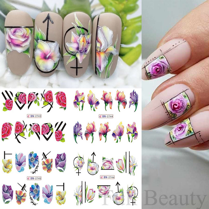 12 modele Autocolante pentru unghii cu flori roz Floare albă Frunză verde Glisoare linie geometrică de primăvară Autocolante de transfer de apă florale Slider