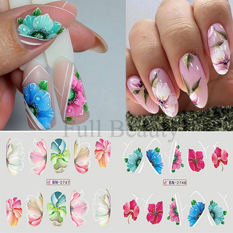 12 modele Autocolante pentru unghii cu flori roz Floare albă Frunză verde Glisoare linie geometrică de primăvară Autocolante de transfer de apă florale Slider