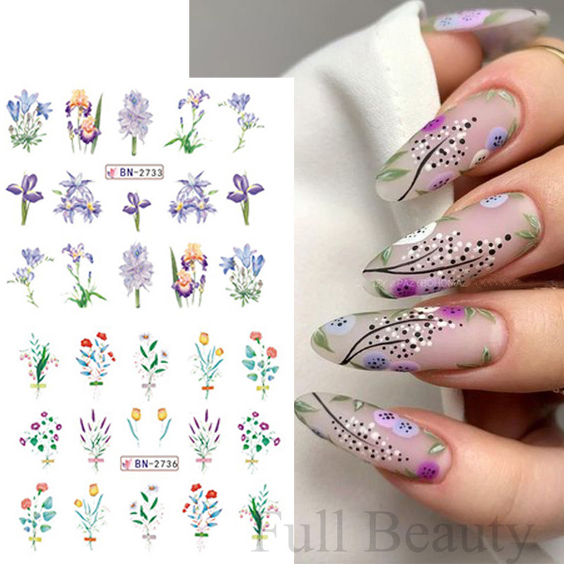 12 modele Autocolante pentru unghii cu flori roz Floare albă Frunză verde Glisoare linie geometrică de primăvară Autocolante de transfer de apă florale Slider