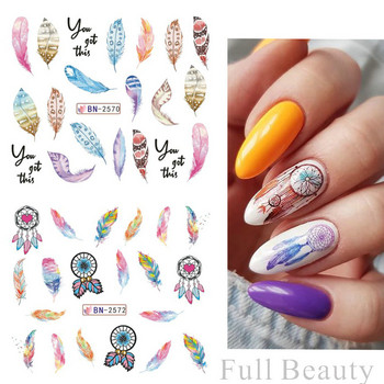 12PCS Feather Dream Catcher Water Transfer Sliders for Nail Character Line Nail Art Sticker Маникюр Декорация NFBN2569-2580