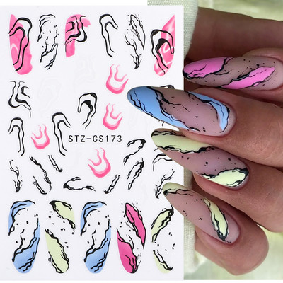 Ziedošs marmors nagu uzlīmes uzlīmes 3D viļņu līnijas ziedi burti pavasara dizains manikīrs tetovējums nagu mākslas slīdņi Dekorācijas