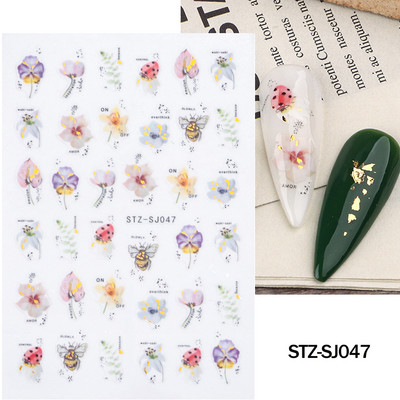 Ziedošs marmors nagu uzlīmes uzlīmes 3D viļņu līnijas ziedi burti pavasara dizains manikīrs tetovējums nagu mākslas slīdņi Dekorācijas