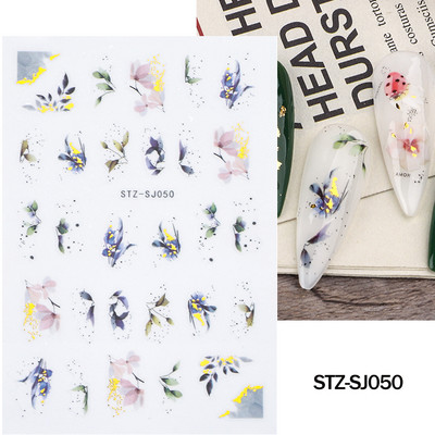 Ziedošs marmors nagu uzlīmes uzlīmes 3D viļņu līnijas ziedi burti pavasara dizains manikīrs tetovējums nagu mākslas slīdņi Dekorācijas