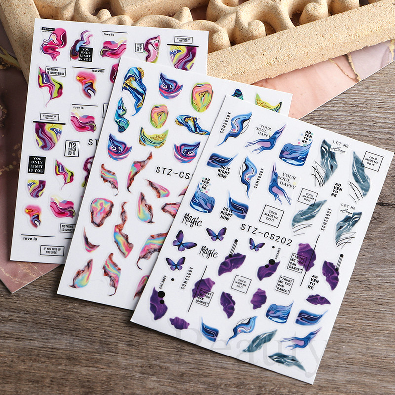 Ziedošs marmors nagu uzlīmes uzlīmes 3D viļņu līnijas ziedi burti pavasara dizains manikīrs tetovējums nagu mākslas slīdņi Dekorācijas