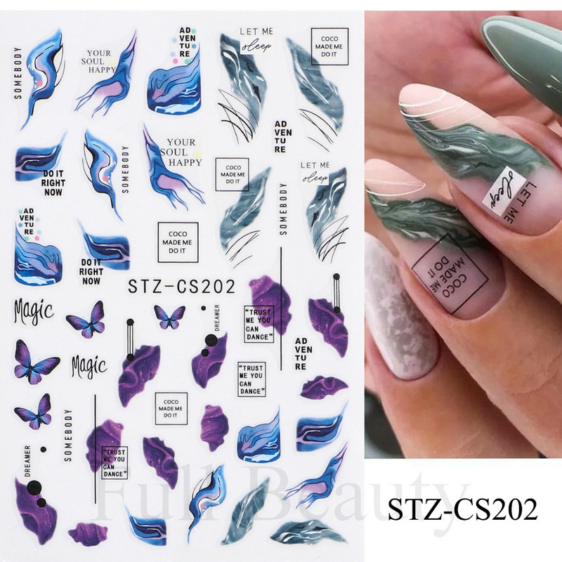 Ziedošs marmors nagu uzlīmes uzlīmes 3D viļņu līnijas ziedi burti pavasara dizains manikīrs tetovējums nagu mākslas slīdņi Dekorācijas