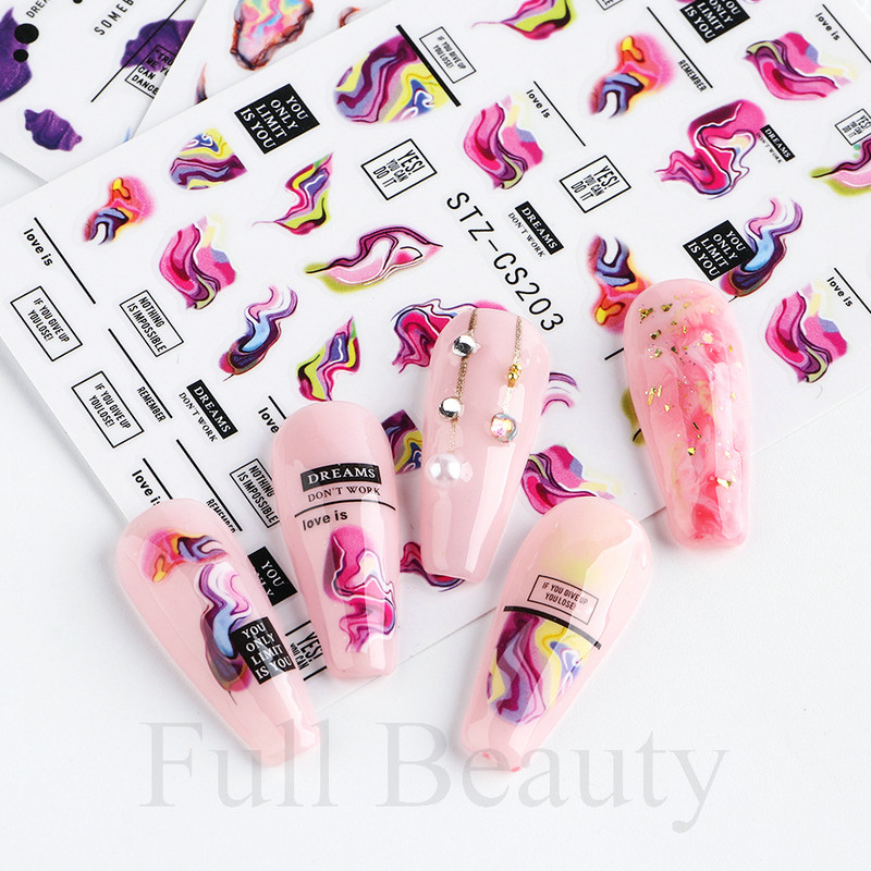 Ziedošs marmors nagu uzlīmes uzlīmes 3D viļņu līnijas ziedi burti pavasara dizains manikīrs tetovējums nagu mākslas slīdņi Dekorācijas