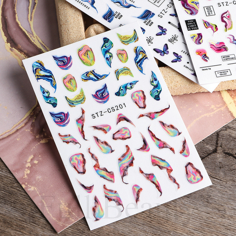 Ziedošs marmors nagu uzlīmes uzlīmes 3D viļņu līnijas ziedi burti pavasara dizains manikīrs tetovējums nagu mākslas slīdņi Dekorācijas