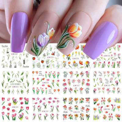 12PC akvarel cvijet list nokte vodena naljepnica naljepnica proljeće cvjetni dizajn tinta rascvjetano stablo geometrijska linija klizač manikura dekor