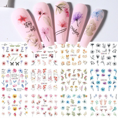 12PC akvarel cvijet list nokte vodena naljepnica naljepnica proljeće cvjetni dizajn tinta rascvjetano stablo geometrijska linija klizač manikura dekor