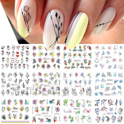 12PC akvarel cvijet list nokte vodena naljepnica naljepnica proljeće cvjetni dizajn tinta rascvjetano stablo geometrijska linija klizač manikura dekor
