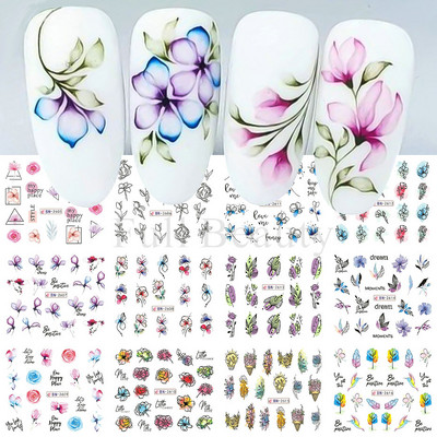 12PC akvarel cvijet list nokte vodena naljepnica naljepnica proljeće cvjetni dizajn tinta rascvjetano stablo geometrijska linija klizač manikura dekor