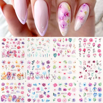 12PC akvarel cvijet list nokte vodena naljepnica naljepnica proljeće cvjetni dizajn tinta rascvjetano stablo geometrijska linija klizač manikura dekor