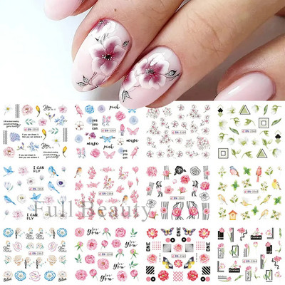 12PC akvarel cvijet list nokte vodena naljepnica naljepnica proljeće cvjetni dizajn tinta rascvjetano stablo geometrijska linija klizač manikura dekor