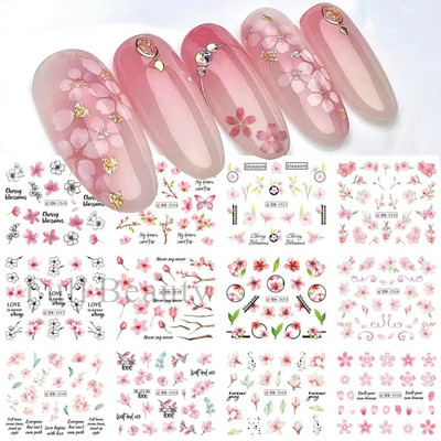 12PC akvarel cvijet list nokte vodena naljepnica naljepnica proljeće cvjetni dizajn tinta rascvjetano stablo geometrijska linija klizač manikura dekor