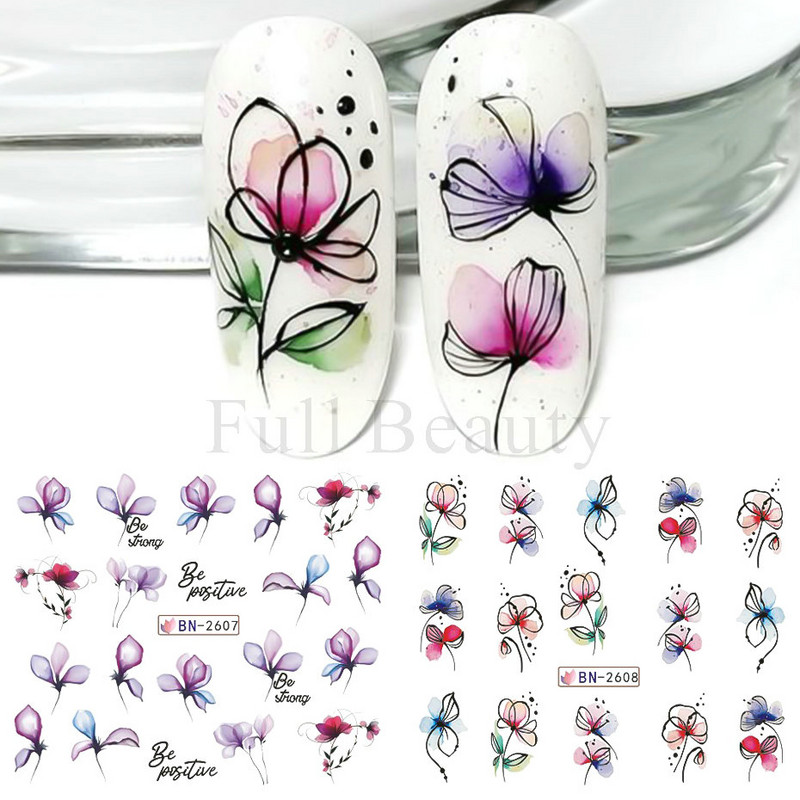 12PC akvarel cvijet list nokte vodena naljepnica naljepnica proljeće cvjetni dizajn tinta rascvjetano stablo geometrijska linija klizač manikura dekor