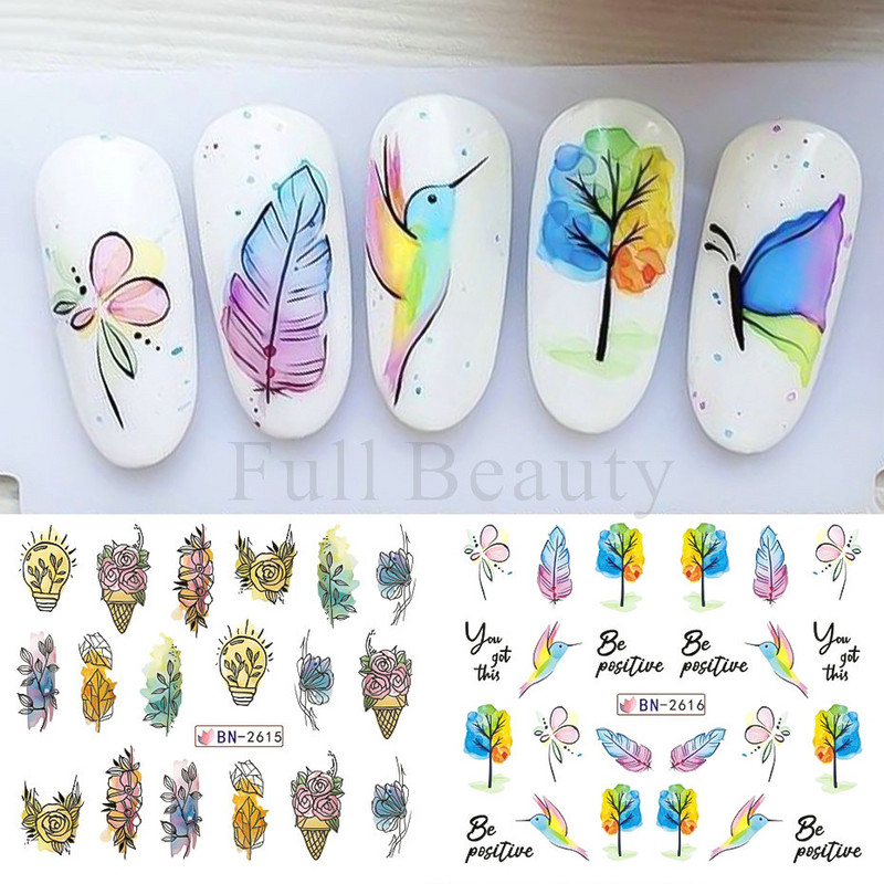 12PC akvarel cvijet list nokte vodena naljepnica naljepnica proljeće cvjetni dizajn tinta rascvjetano stablo geometrijska linija klizač manikura dekor