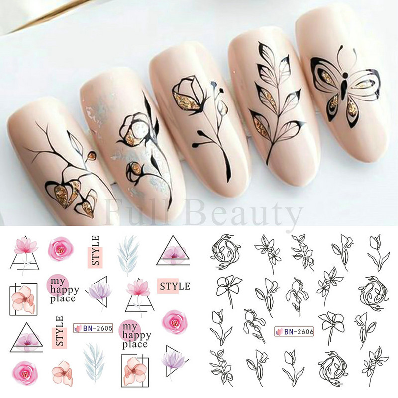 12PC akvarel cvijet list nokte vodena naljepnica naljepnica proljeće cvjetni dizajn tinta rascvjetano stablo geometrijska linija klizač manikura dekor