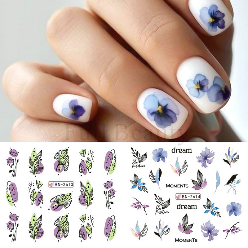 12PC akvarel cvijet list nokte vodena naljepnica naljepnica proljeće cvjetni dizajn tinta rascvjetano stablo geometrijska linija klizač manikura dekor