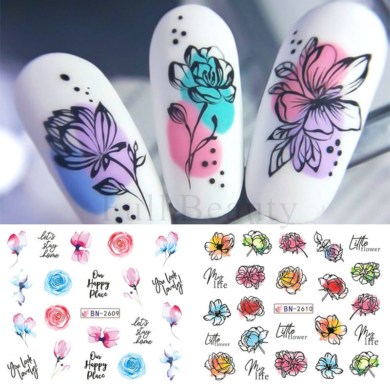 12PC akvarel cvijet list nokte vodena naljepnica naljepnica proljeće cvjetni dizajn tinta rascvjetano stablo geometrijska linija klizač manikura dekor