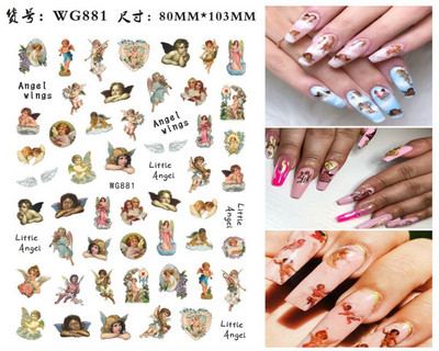 3D Baby Angels Cherub Nagu mākslas uzlīmes Spārni Cupid Love Bow Valentīna Jaunavas Marijas reliģiskās sērijas Pašlīmējošās nagu uzlīmes