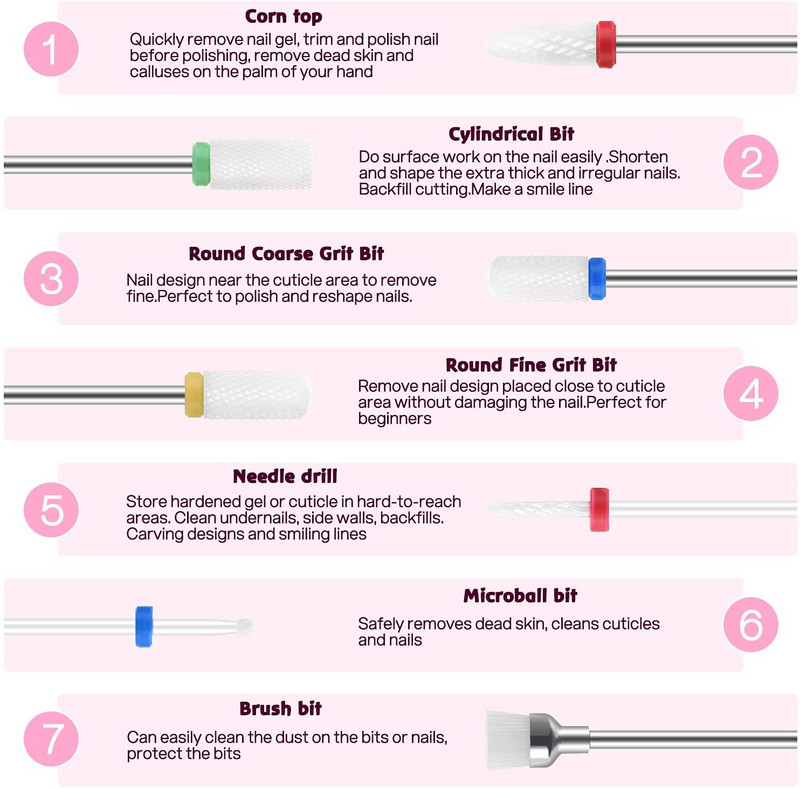 7 gab. Kombinētie keramikas frēzes manikīra noņemšanai gēla lakas nagu urbjmašīnu komplekti, piederumi