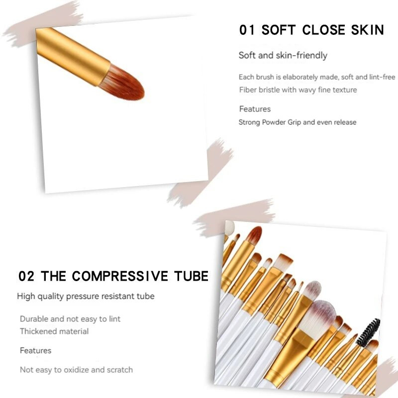 20 GAB grima otu komplekts Acu ēnu otu komplekts Foundation Brush Beauty Tools Super mīkstas mākslīgās šķiedras Pilns komplekts