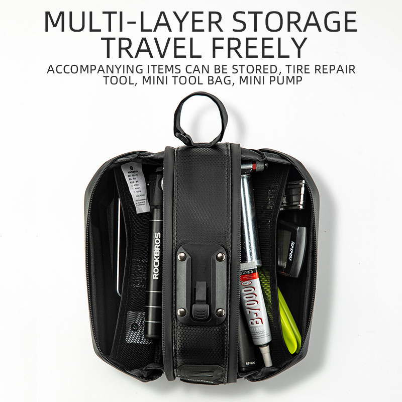 ROCKBROS1.7L dviračio krepšys, atsparus vandeniui galinis, didelės talpos, greitai atleidžiamas sėdynės atramas, atsparus smūgiams, dvigubo užtrauktuko galinio krepšio priedai