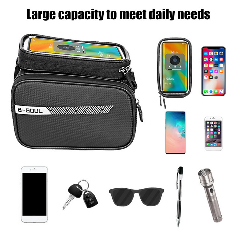 B-SOUL kalnu velosipēda augšējās caurules soma atstarojoša raksta velosipēda priekšējā rāmja somas pārnēsāšanas pakotne Lielas ietilpības velosipēda maisiņa tālruņa futrālis