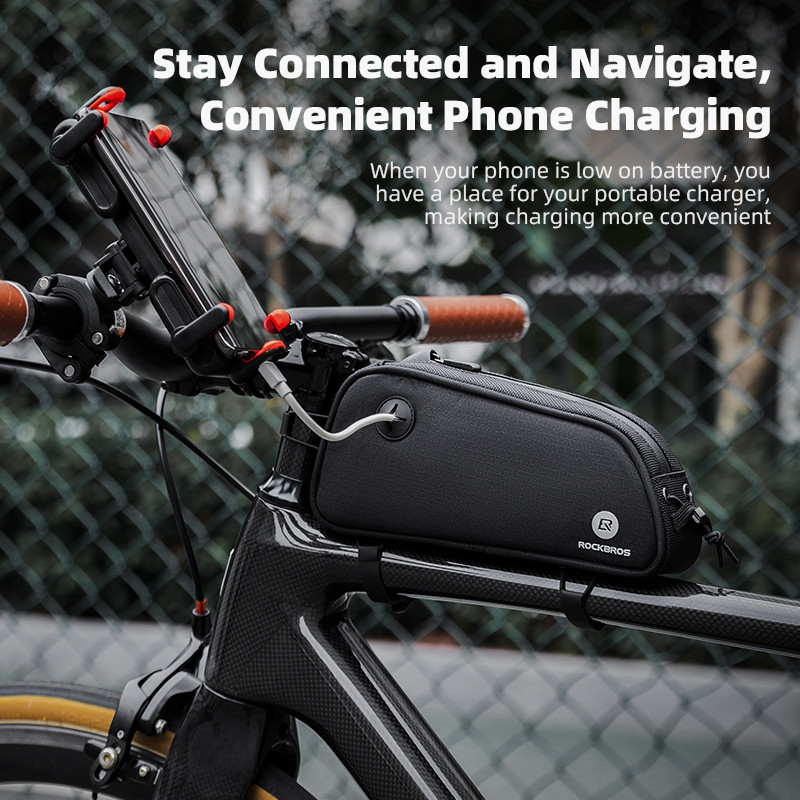 ROCKBROS riteņbraukšanas soma 1,3 l ūdensnecaurlaidīga MTB ceļa austiņu porta dizaina velosipēda somas rāmis priekšējā caurule, pārnēsājama, ērta velosipēda soma