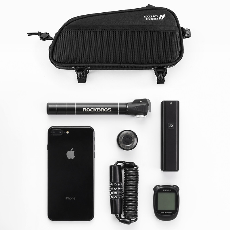 ROCKBROS riteņbraukšanas soma 1,3 l ūdensnecaurlaidīga MTB ceļa austiņu porta dizaina velosipēda somas rāmis priekšējā caurule, pārnēsājama, ērta velosipēda soma