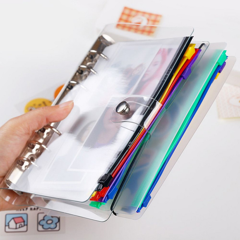 6 gab. Sasaistes kabatas A5/A6 iesiešanas maiss ar rāvējslēdzēju, caurspīdīgas rāvējslēdzēja mapes 6 gredzenu piezīmjdatora stiprinājuma maisiņiem, dokumentu kārtošanas maisiņiem