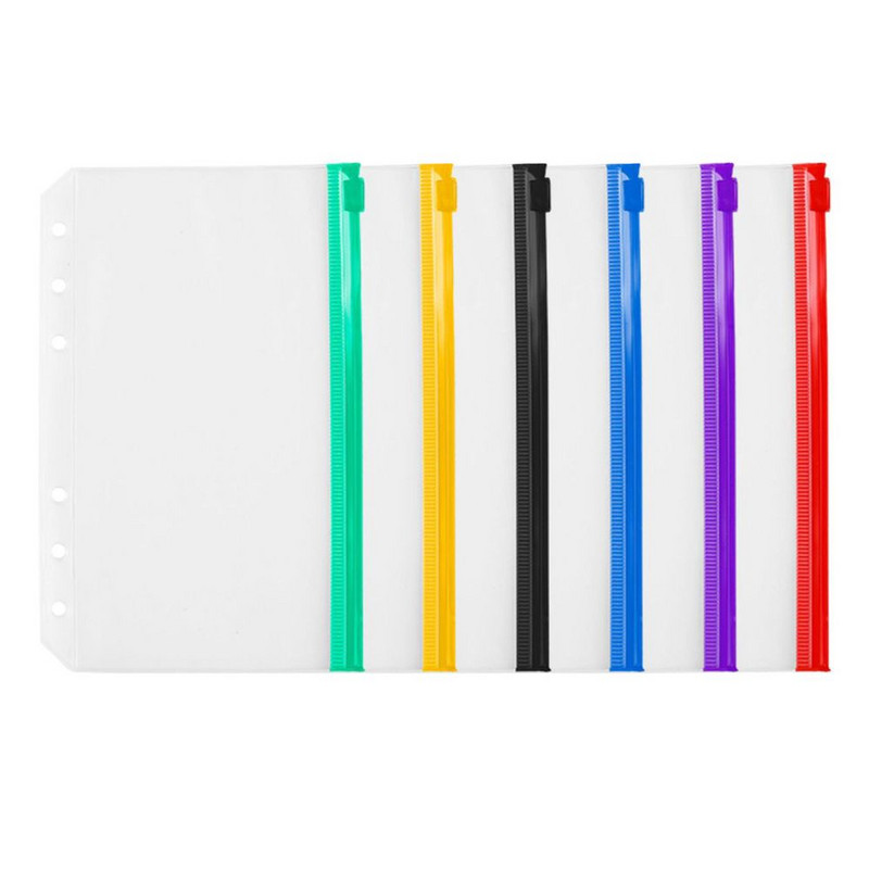 6 gab. Sasaistes kabatas A5/A6 iesiešanas maiss ar rāvējslēdzēju, caurspīdīgas rāvējslēdzēja mapes 6 gredzenu piezīmjdatora stiprinājuma maisiņiem, dokumentu kārtošanas maisiņiem