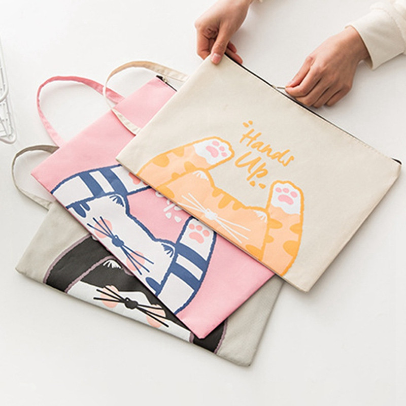 1 tk Cute ja Kawaii Cat A4 kaasaskantav failihoidja failikott Tõmblukuga hoiukott Kawaii pliiatsikott Koolitarvete pliiatsikott