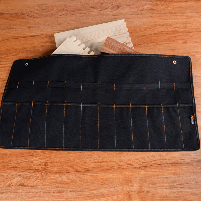 Kaltu pārnēsāšanas futrālis Audekls kabatas rīka ruļļa turētājs uzgriežņu atslēgas maisiņš 4 kabatas organizators nazim āmuriem, urbjiem galdnieks