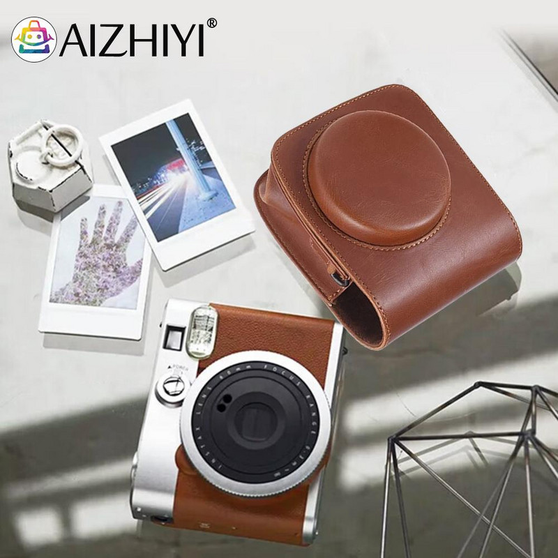 Vintage somiņas vāciņa aizsargs ar kabatas PU regulējamu plecu siksnu Pretskrāpējumiem Fujifilm Instax Mini 90 tūlītējai kamerai