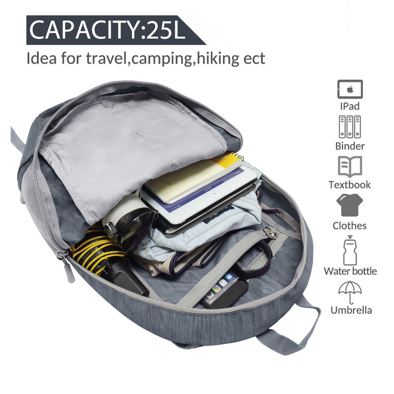 Rucsac pliabil ultraușor de 25 litri Rucsac de călătorie ambalabil, impermeabil, în aer liber pentru bărbați, femei, ciclism, camping, drumeții, geantă sport
