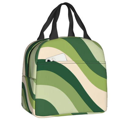 Šķidrums virpuļojošs abstrakts raksts salvijas zaļā izolētā pusdienu maisiņā ģeometriskā mākslas dzesētāja termiskā bento kaste sievietēm, bērnu pārtikas maisiņi