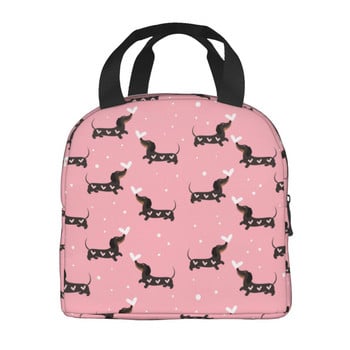 Dachshund Sausage Dogs Pink Flowers Εκτύπωση Επαναχρησιμοποιήσιμη μονωμένη τσάντα γεύματος Cooler Tote Box Δοχείο με μπροστινή τσέπη για γυναίκα άνδρα