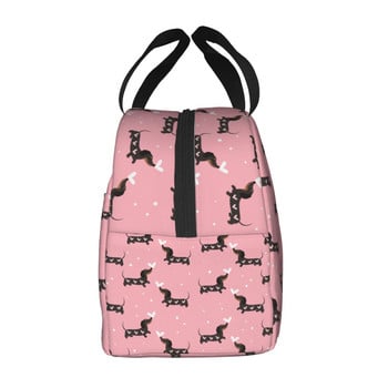 Dachshund Sausage Dogs Pink Flowers Εκτύπωση Επαναχρησιμοποιήσιμη μονωμένη τσάντα γεύματος Cooler Tote Box Δοχείο με μπροστινή τσέπη για γυναίκα άνδρα