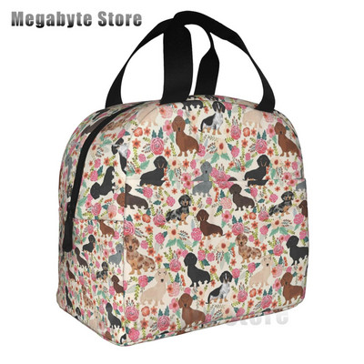 Taksis, desu suņi, rozā ziedi, apdruka atkārtoti lietojama, izolēta pusdienu maisiņa dzesētāja kastes konteiners ar priekšējo kabatu vīrietim
