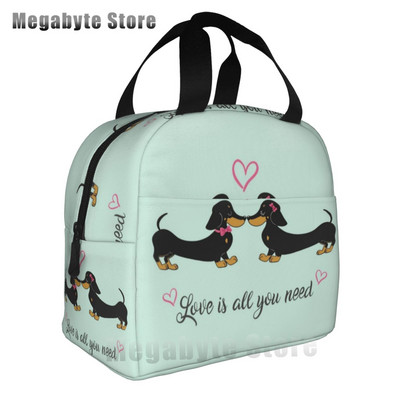 Taksis, desu suņi, rozā ziedi, apdruka atkārtoti lietojama, izolēta pusdienu maisiņa dzesētāja kastes konteiners ar priekšējo kabatu vīrietim